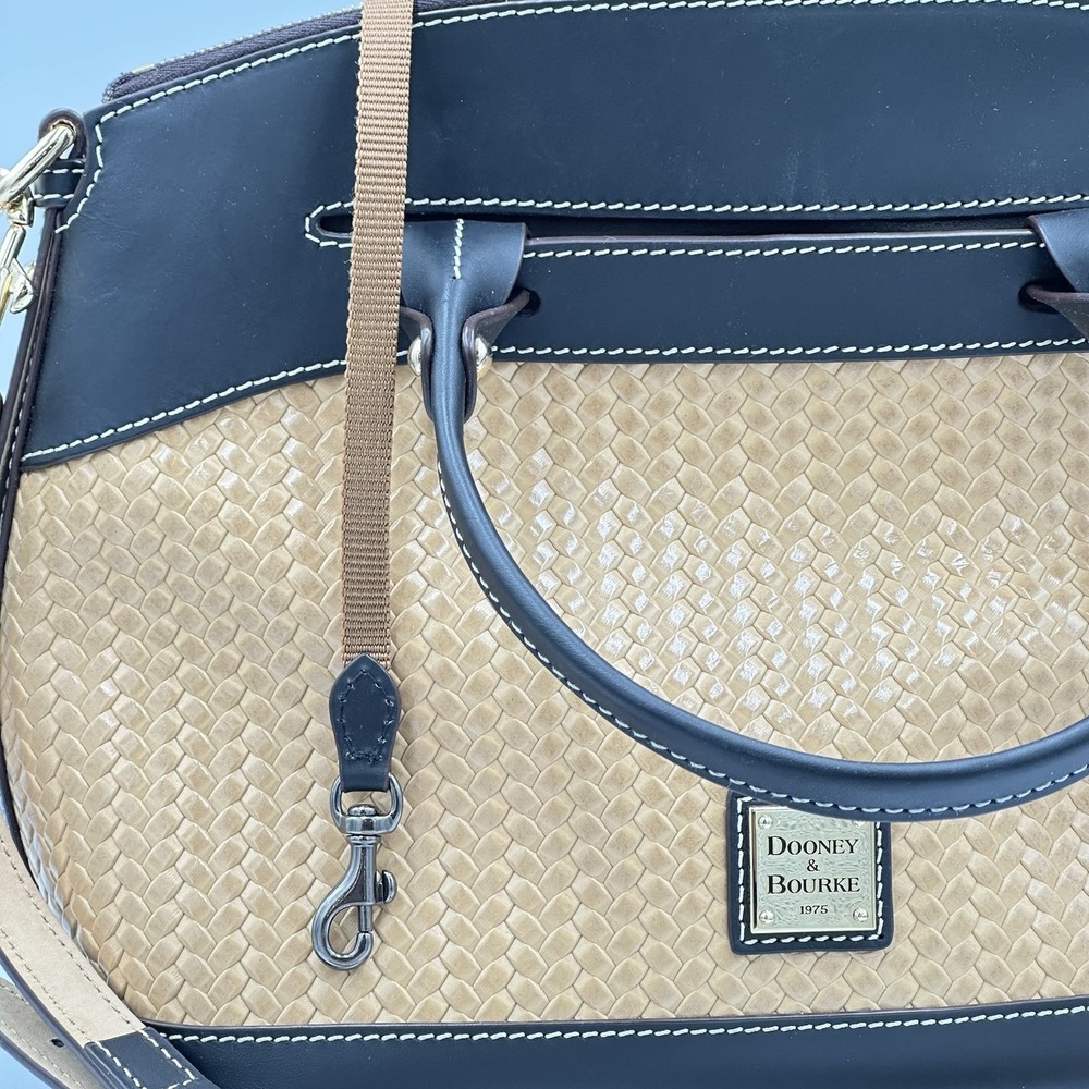 Dooney Bourke Beacon Black Brown Smooth Leather Woven Embossed Domed Satchel Bag - Picture 14 of 16
